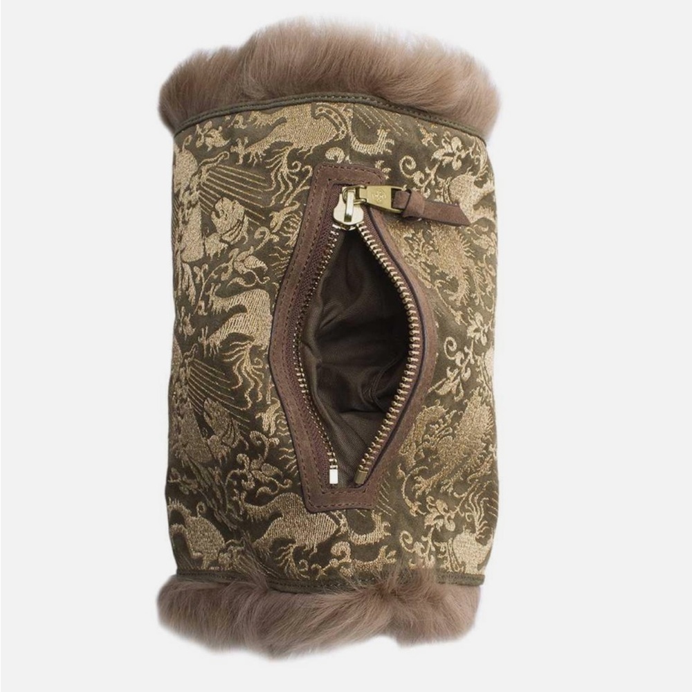 Tory Burch Tapestry Barrel Clutch with Faux Fur Trim